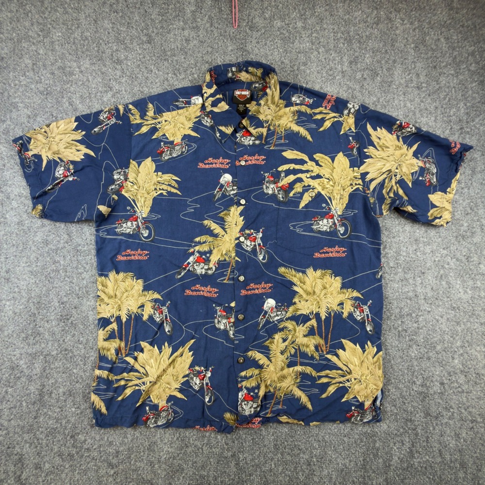 Harley-Davidson Tori Richard Mens Large Blue Viscose Motorcycle Hawaiian Shirt